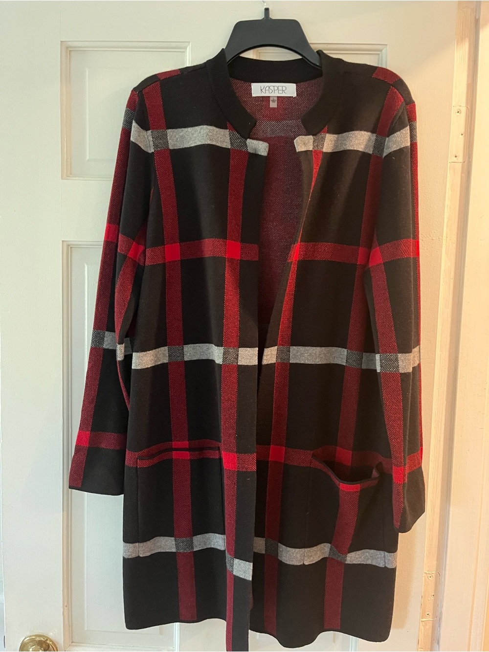 Kasper Black Cardigan with Red and Gray Plaid